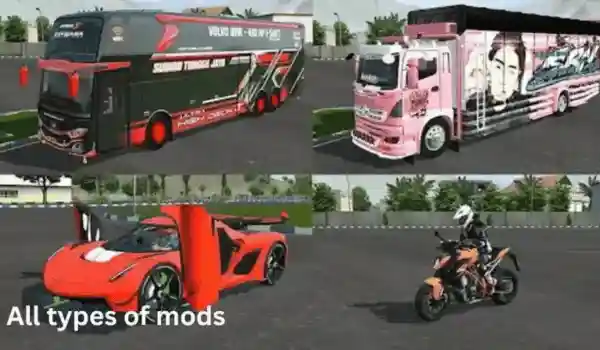 The image is showing different vehicle mods in the bussid game like bike mods, truck mods. bus mods and car mods in one scene.