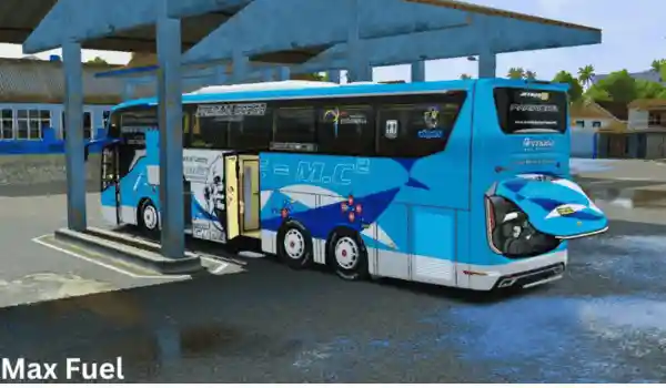 A blue bus is standing for fuel in the pump.